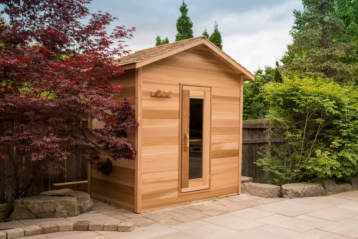 The Cabin Sauna, a Canadian cedar cabin-style outdoor sauna from Prestige Saunas