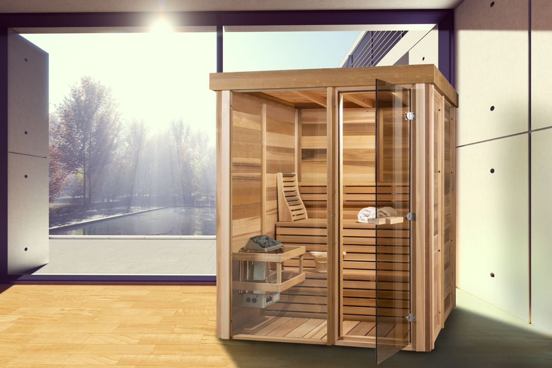 The Indoor Pure Cube Sauna, a modern Canadian cedar indoor sauna from Prestige Saunas