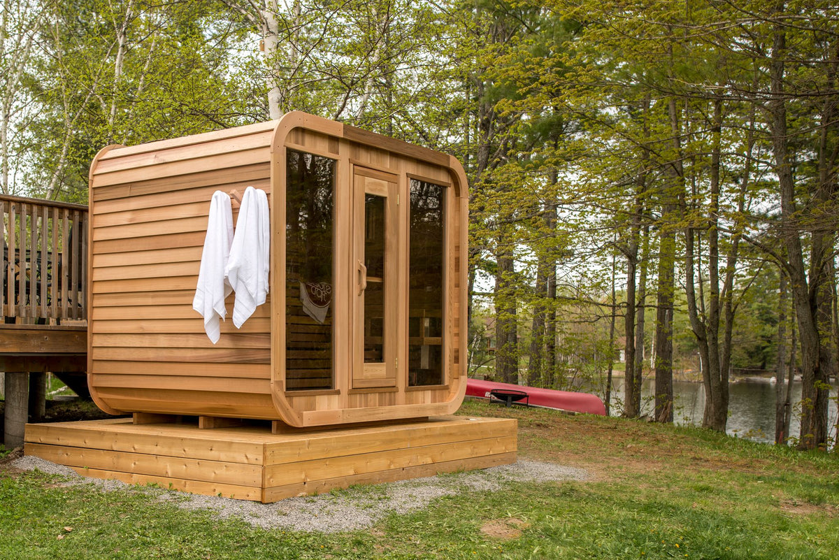 The Luna Sauna, a Canadian-made cedar outdoor sauna from Prestige Saunas