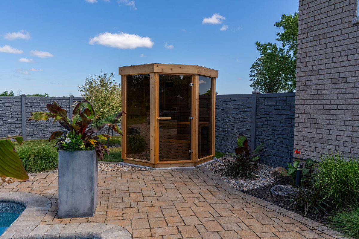 The Trinity Sauna, a Canadian-made cedar outdoor sauna from Prestige Saunas