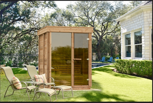 The Pure Cube Sauna, a modern Canadian cedar outdoor sauna from Prestige Saunas