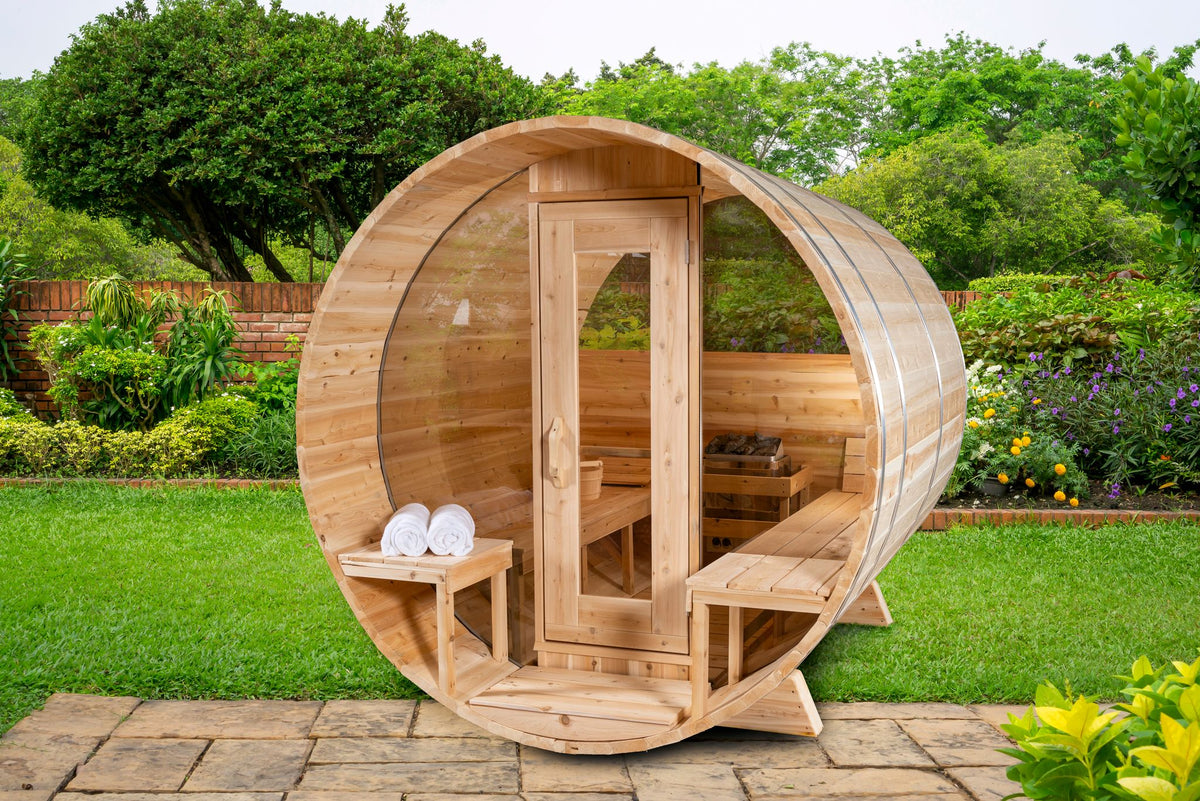 The White Cedar Barrel Sauna, a Canadian cedar barrel sauna from Prestige Saunas