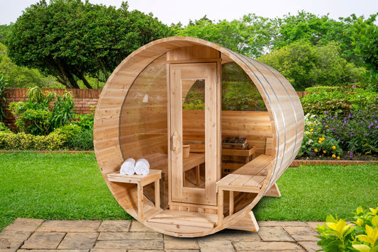 The White Cedar Barrel Sauna, a Canadian cedar barrel sauna from Prestige Saunas