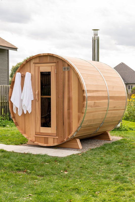 The Red Cedar Barrel Sauna, a Canadian cedar barrel sauna from Prestige Saunas