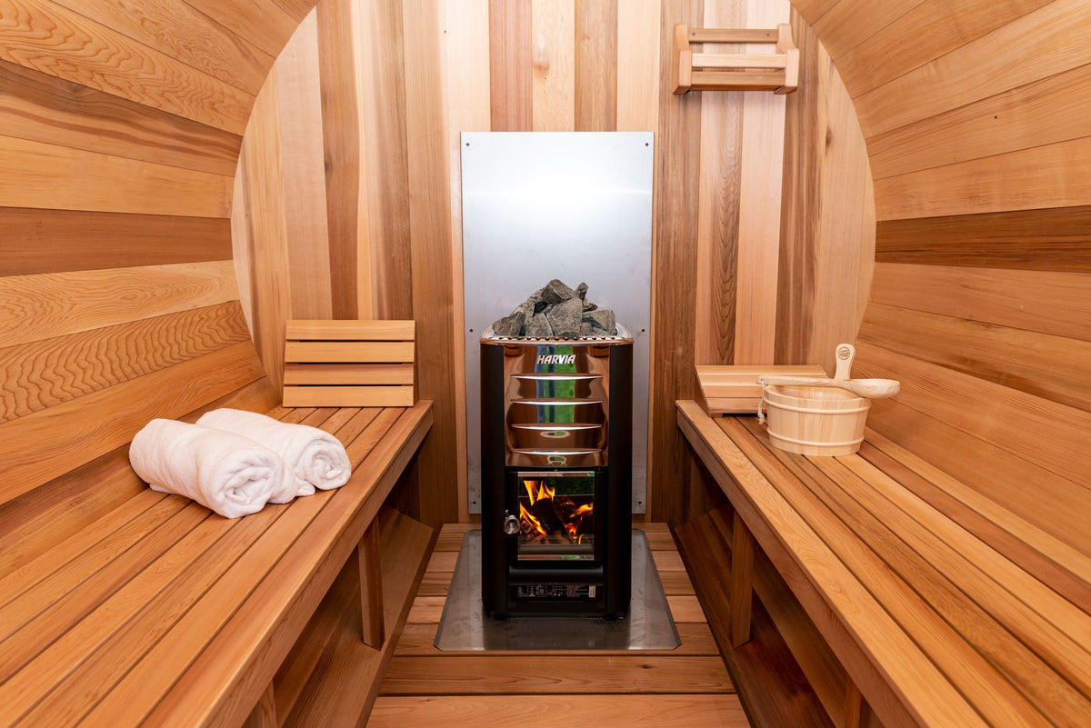 Barrel sauna interior with towels