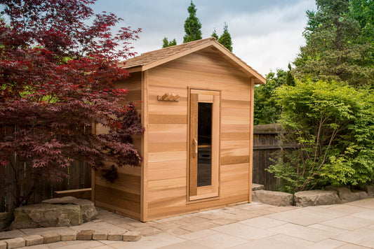 The Cabin Sauna, a Canadian cedar cabin-style outdoor sauna from Prestige Saunas