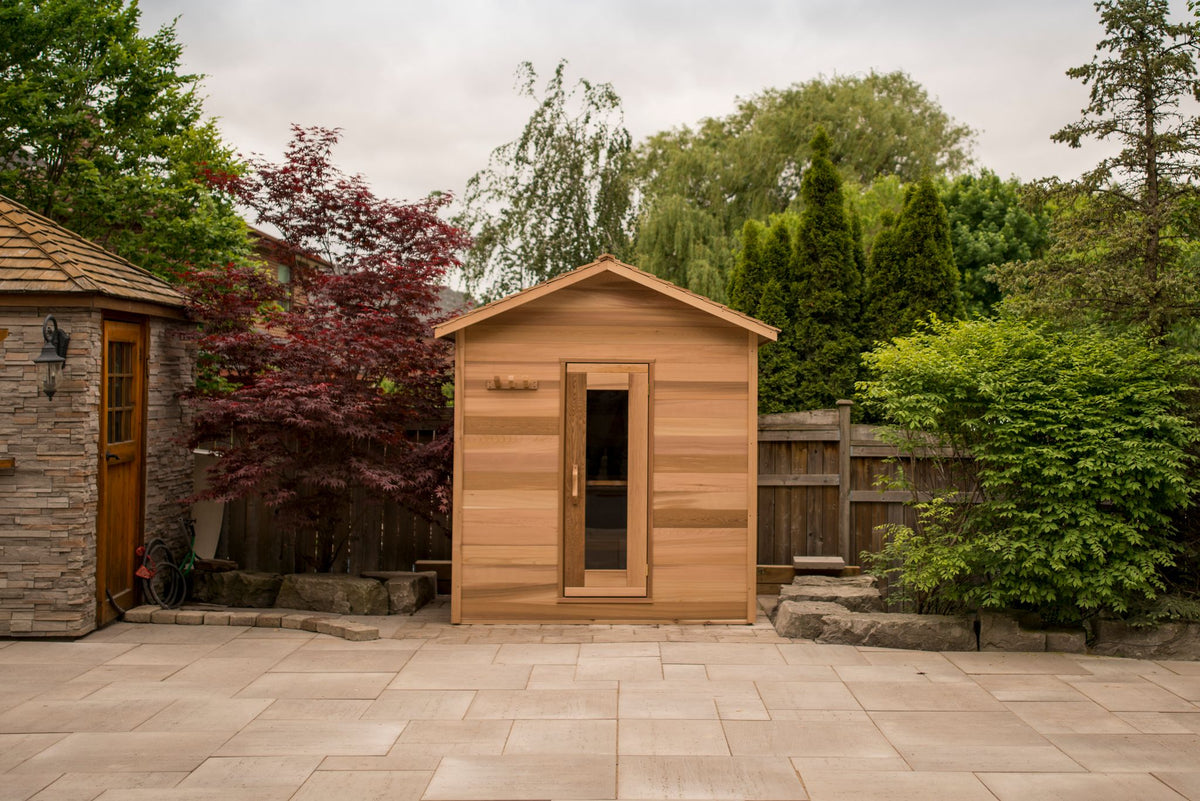 Cabin sauna in a garden setting