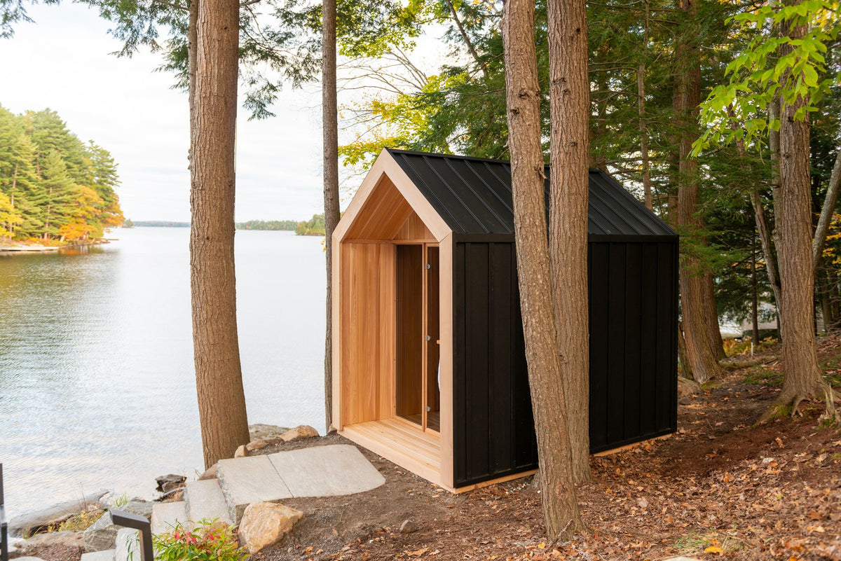 Hudson gabled cedar sauna on a lakeside lot