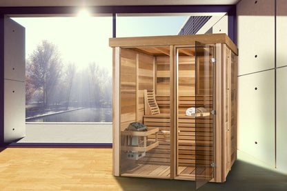 The Indoor Pure Cube Sauna, a modern Canadian cedar indoor sauna from Prestige Saunas