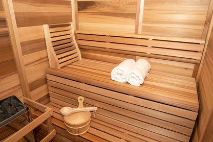 Indoor sauna cedar benches with towels