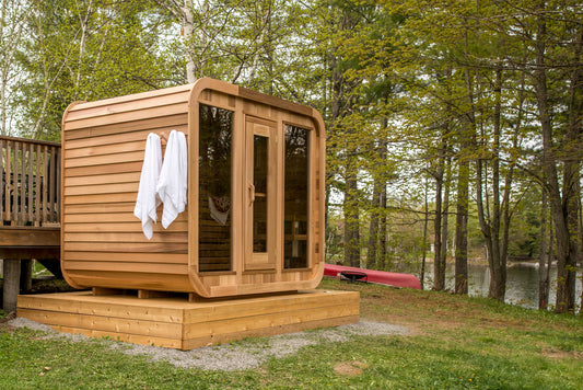 The Luna Sauna, a Canadian-made cedar outdoor sauna from Prestige Saunas