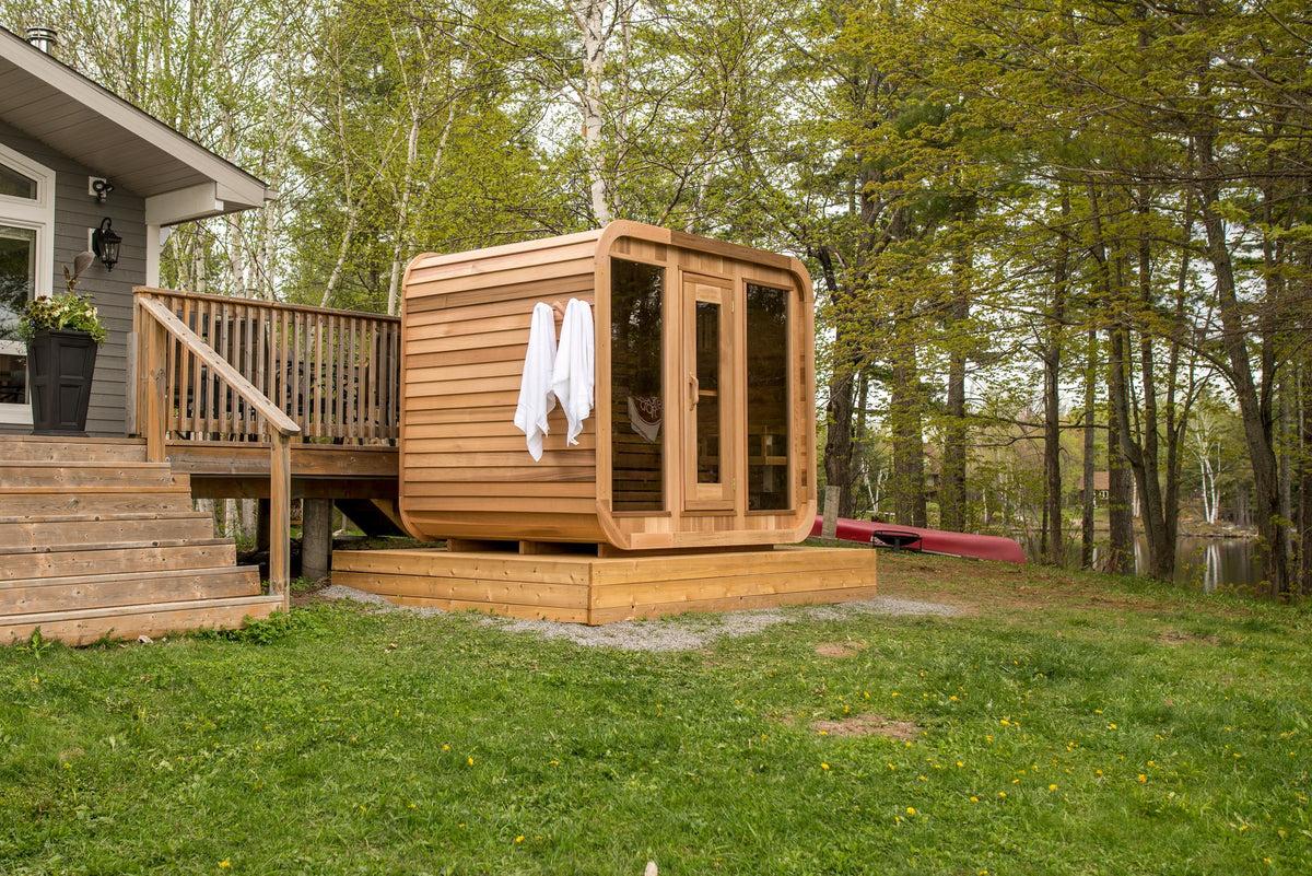 Luna sauna with towels on the door