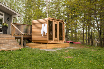 Luna sauna with towels on the door