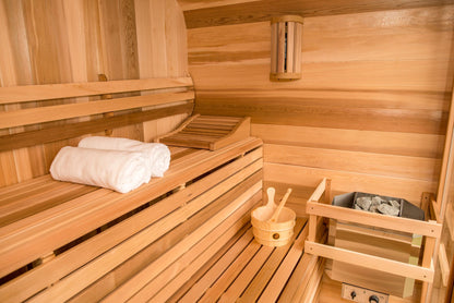 Luna sauna cedar interior with towels