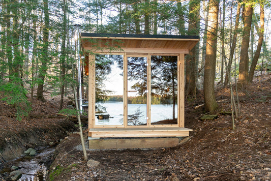 The Mountain View Sauna, a Canadian-made cedar outdoor sauna from Prestige Saunas