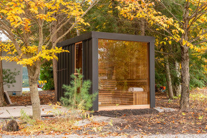 Neptune glass-front sauna with black steel siding among autumn maples