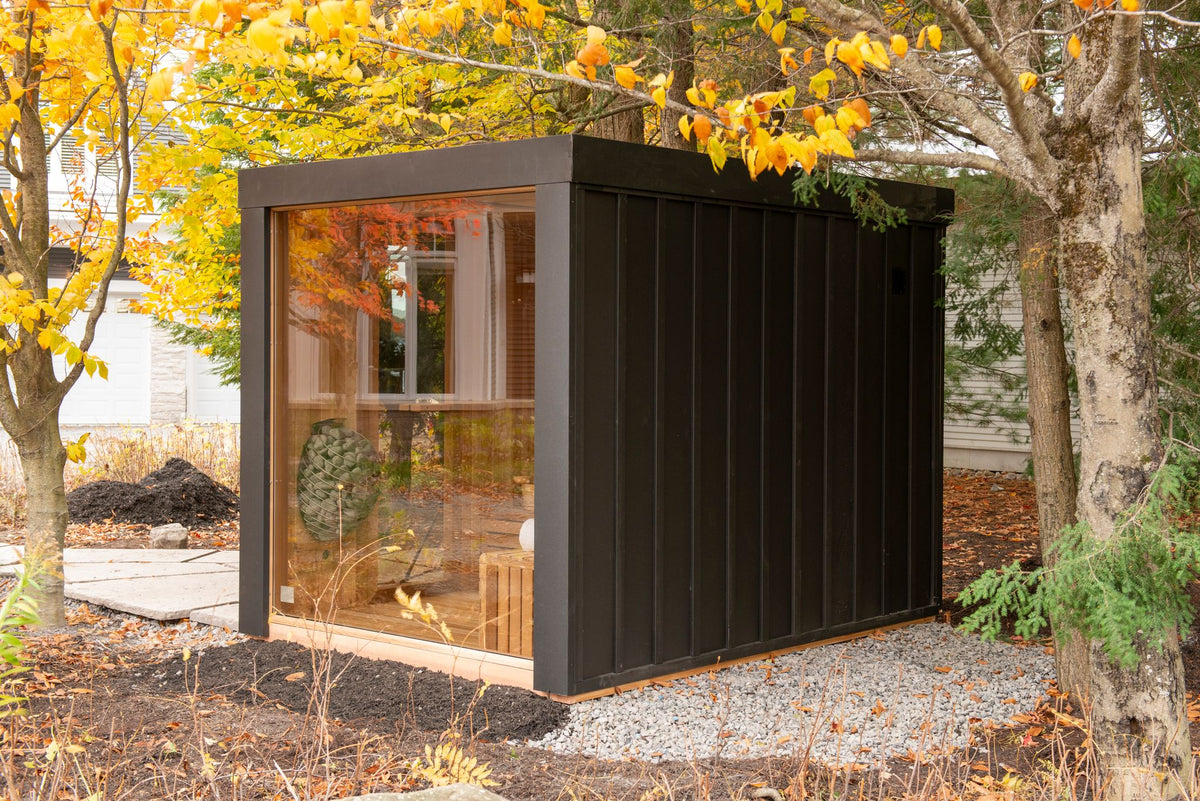Neptune sauna three quarter view with cedar interior visible