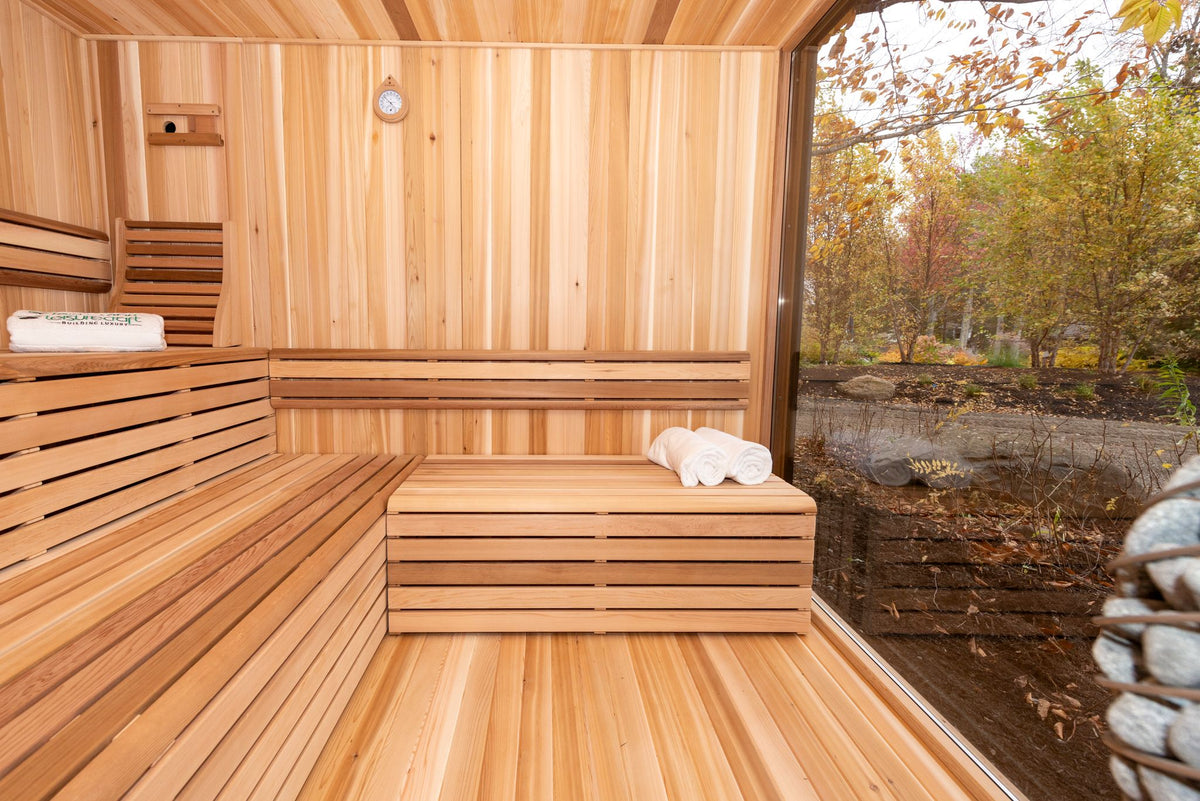 Neptune sauna interior with two-tier cedar benches