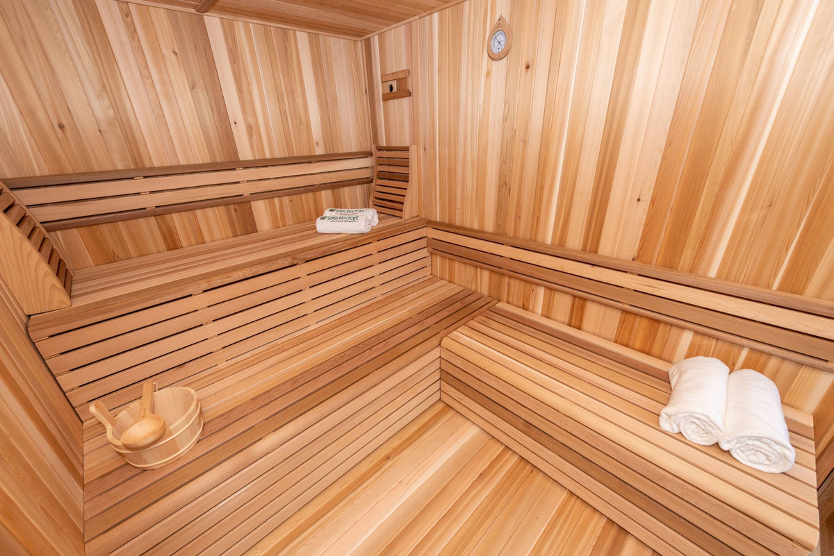 Neptune sauna L-shaped cedar bench