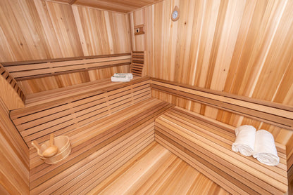 Neptune sauna L-shaped cedar bench