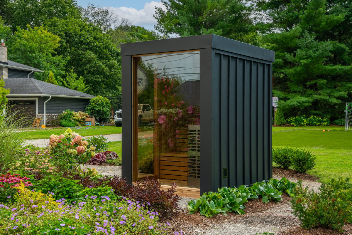 The Neptune Mini Sauna, a compact Canadian cedar outdoor sauna from Prestige Saunas