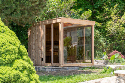 Orion sauna in a lush garden