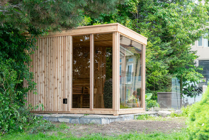 Orion sauna wood siding and glass corner