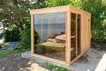 Orion sauna with patio and lounge view