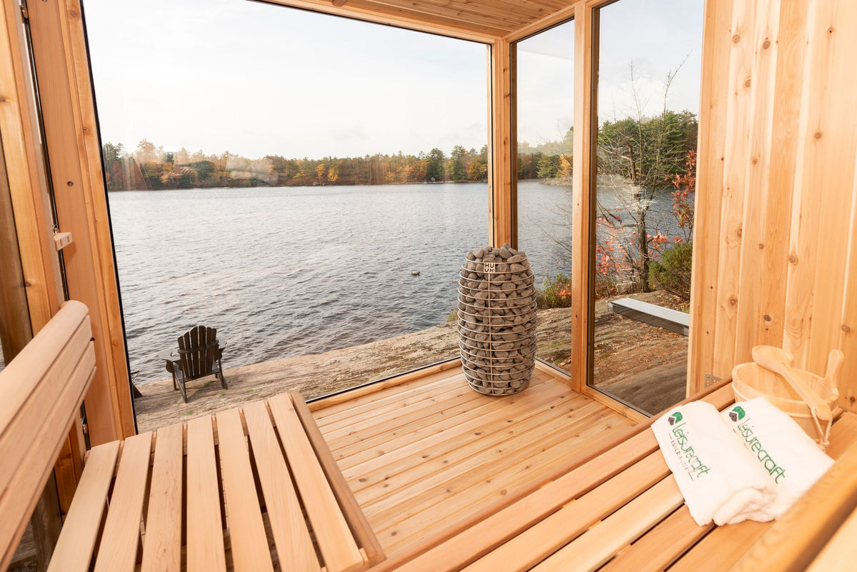 View of the lake from inside the Orion sauna
