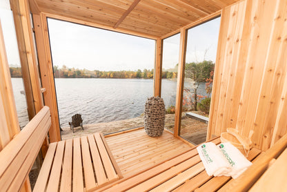 Orion sauna benches facing the water