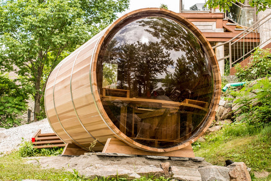 The Panoramic Barrel Sauna, a Canadian cedar barrel sauna from Prestige Saunas