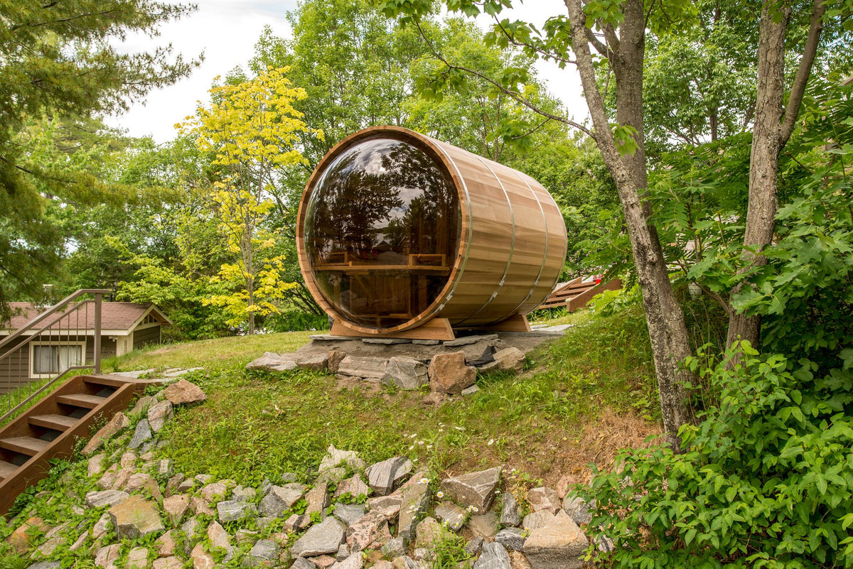 Panoramic barrel sauna dome window view