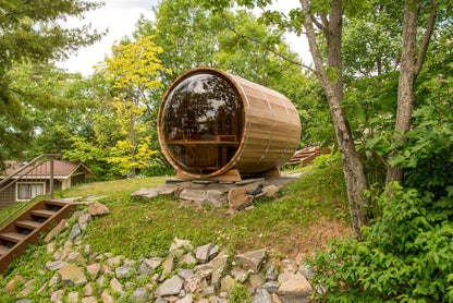 Panoramic barrel sauna dome window view