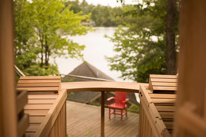 Inside the panoramic barrel sauna looking out