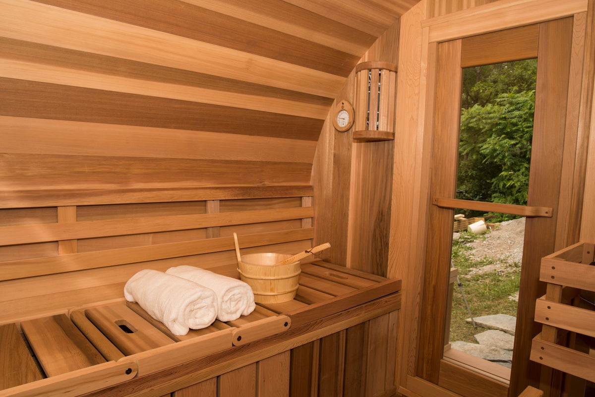 Panoramic barrel sauna cedar benches