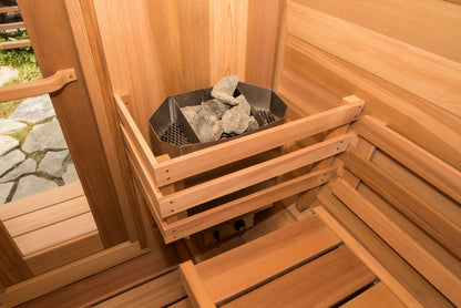 Panoramic barrel sauna heater and benches