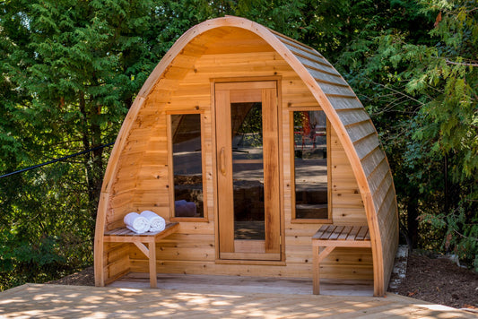 Pod sauna front with glass door and windows