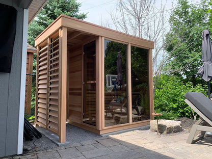 Pure Cube sauna on a backyard patio