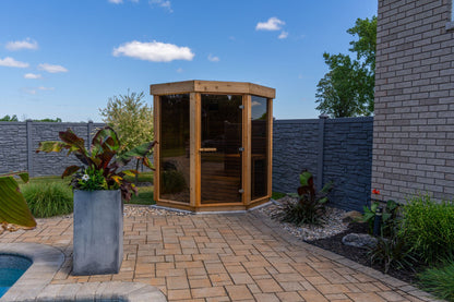 The Trinity Sauna, a Canadian-made cedar outdoor sauna from Prestige Saunas